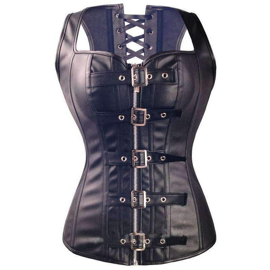 A Steampunk Overbust Corset by Maramalive™ with metal buckles.