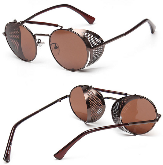 A pair of Maramalive™ light brown steampunk sunglasses with metal frames and brown lenses.