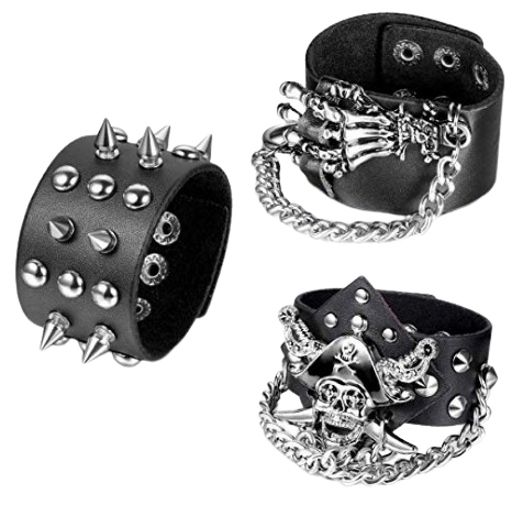 Three different "Spike Studded Leather Bracelet - Aroncent 3pcs" with spikes and chains produced by Maramalive™.