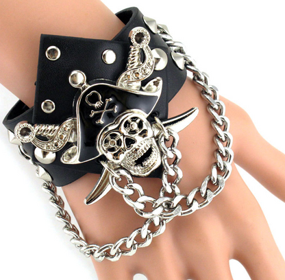 Three different "Spike Studded Leather Bracelet - Aroncent 3pcs" with spikes and chains produced by Maramalive™.