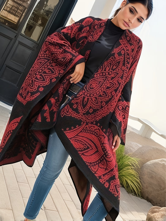 Plus Size Ethnic Style Coat, Women's Plus Tribal Print Batwing Sleeve Open Front Waterfall Collar Shawl Cape Coat