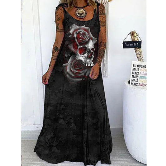 A rebellious fashionista wearing a Maramalive™ Edgy Elegance - Punk Skull Print Loose Plus Size Lace-up Dress with roses on it.