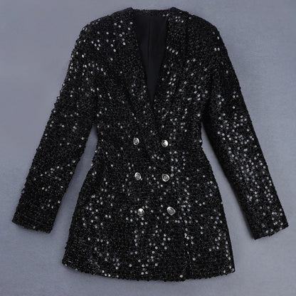 High Quality Fashion Designer Blazer Women Double Lion Buttons Shawl Collar Glitter Sequined Long Runway Black Blazers