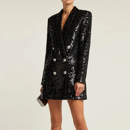 High Quality Fashion Designer Blazer Women Double Lion Buttons Shawl Collar Glitter Sequined Long Runway Black Blazers