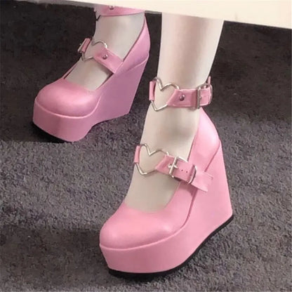 Brand Design Sweet Lolita Style Gothic Cosplay Black Pink Cozy Wedges Mary Jane High Heels Pumps Platform Shoes Woman