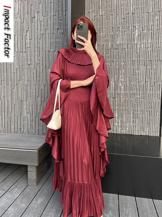 Pleated Spring Women's Long Irregular Dress Loose and Slim Solid Color Heavy Work Pleated Western Style Women's Dress
