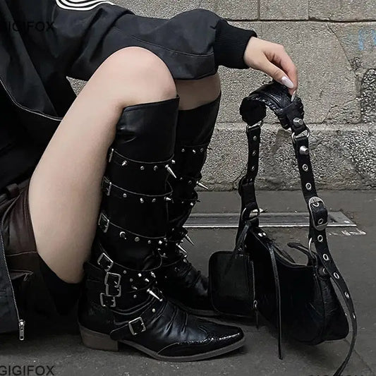 Biker Boots For Women Buckle Knee High Boots Pointed Toe Punk Motorcycle Goth Fashion Boots Winter Shoes Street Y2k