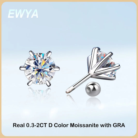 EWYA S925 Sterling Silver Moissanite Earrings 0.5-2ct D 6 Prong Diamond Moissanite Screw Stud For Women Wedding Fine Jewelry