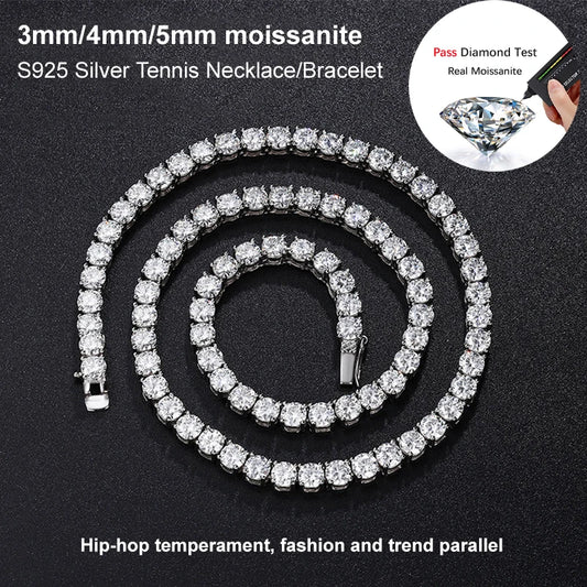 Real Moissanite Tennis Necklace Bracelet For Women Men 925 Sterling Silver 3/4/5mm Full Diamonds With GRA Hiphop Party Jewelry