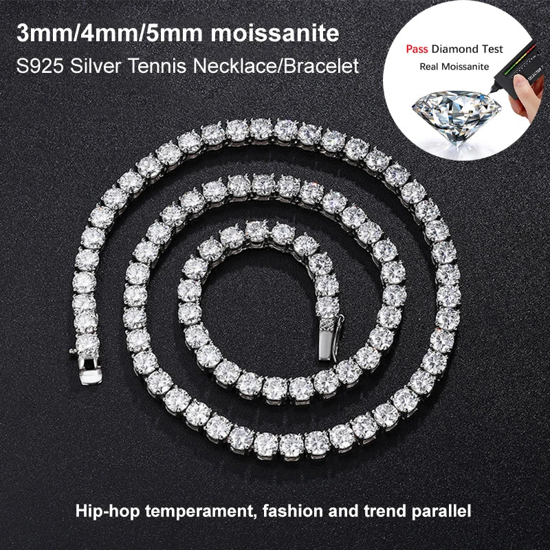 Real Moissanite Tennis Necklace Bracelet For Women Men 925 Sterling Silver 3/4/5mm Full Diamonds With GRA Hiphop Party Jewelry