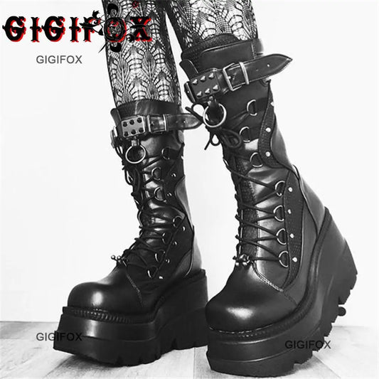 Punk Halloween Witch Cosplay Platform High Wedges Heels Black Goth Chunky Boots Women Shoes Big Size 43