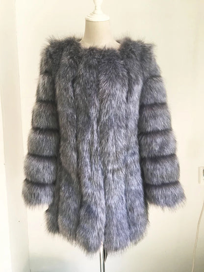 Luxury Faux Fox Fur Coat Slim Long Pink Red Blue Faux Fur Jacket Women Fake Fur Coats
