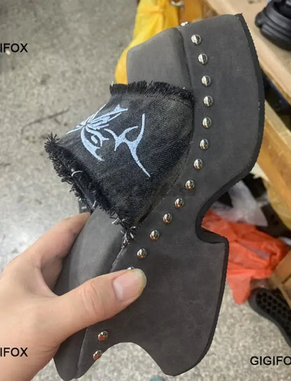 Platform Sandals For Women Denim Butterfly Fashion Metal Design Fashion Rivet Slip On Punk Sandal Shoes Summer New Goth