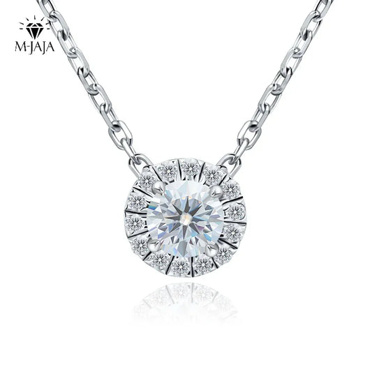 M-JAJA Moissanite Necklace 0.5ct/1ct D Color Round Cut Pendant 18K White Gold Plated Adjustable 925 Sterling Silver Fine Jewelry