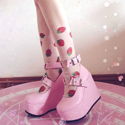 Brand Design Sweet Lolita Style Gothic Cosplay Black Pink Cozy Wedges Mary Jane High Heels Pumps Platform Shoes Woman