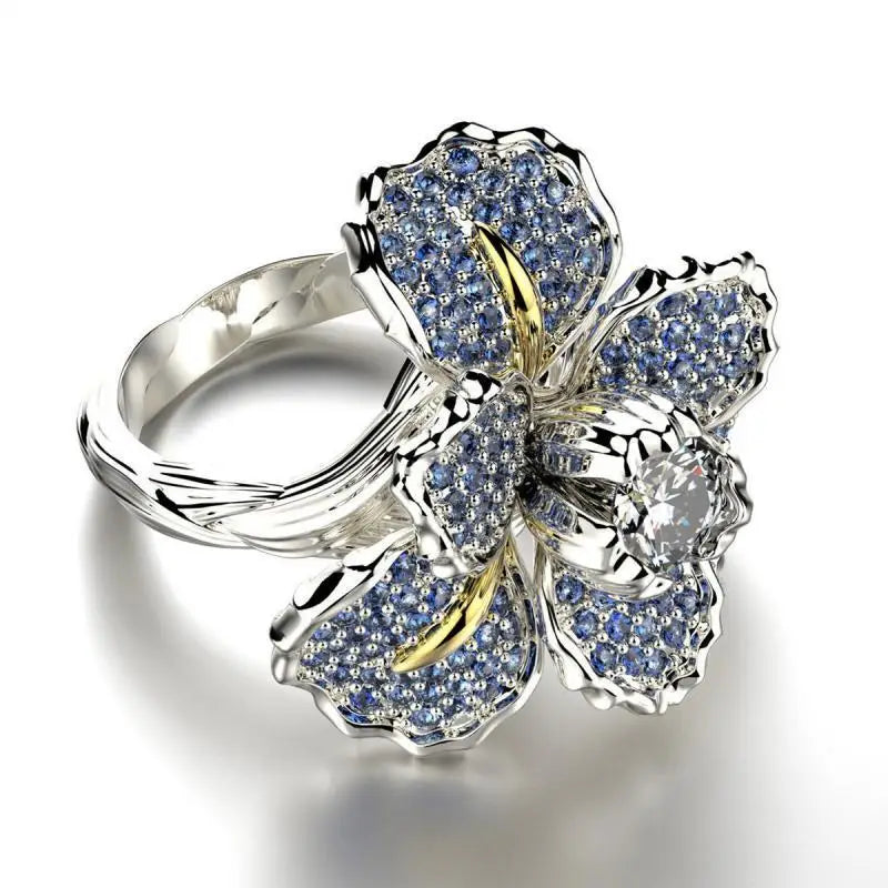 925 Silver Color Ring For Women Mosaic Full Loose Moissanite Iris Two Tone Blue Topaz Flower Party Cocktail Jewelry Ring