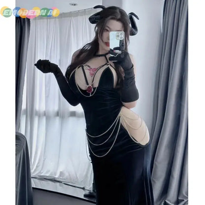 Anime Overlord Albedo Cosplay Costumes Glove Dress Wrapped Hip Open Crotch Fish Tail Skirt Black Mermaid Halloween Girl Costumes