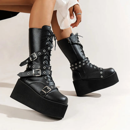 Big Size 43 Women Boots Black Lace Up Buckle Round Toe Wedges Platform Boots Punk Goth INS Women Street Shoes