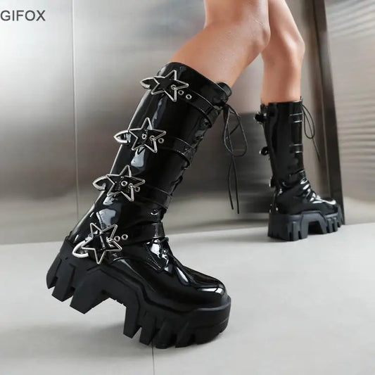 Platform Wedges Knee High Boots For Women Chunky Heel Fashion Punk Motorcyle Boots Goth Gothic New Rock Shoes Winter