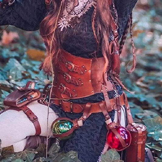 Medieval Witch Sorceress Cosplay Costume Women PU Leather Buckled Waist Cinch Belt Corset Armor Steampunk Waistband Accessory