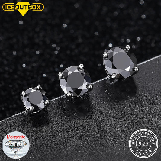 Real 0.5-2 Carat Black Moissanite Stud Earrings For Men Women Solid 925 Sterling Silver Solitaire Diamond Round Earrings Jewelry