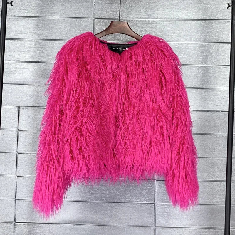 Solid Faux Fur Coats for Women Full Sleeve O-neck Open Stitch Covered Button Fur Jackets Winter Autumn Warm New Fashion