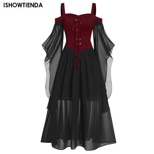 Women Cold Shoulder Butterfly Sleeve Vintage Halloween Cosplay Costume Witch Vampire Gothic Dress Medieval Ghost Bride Clothes