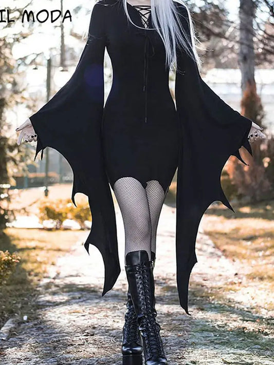 New Retro Gothic High Waist Black Dress Vintage Aesthetic Bat Sleeve Mini Dresses Goth Elegant Bandage Party Dress Women Outfits