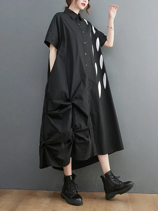 Short Sleeve Black Vintage Print Big Size Shirt Dresses for Women Solid Color Turn-Down Collar Single Breasted Loose Folds Dress