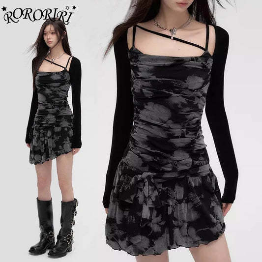 Gothic Punk Floral Asymmetric Ruffle Mini Dress Women Y2k Aesthetic Print Ruched One-piece Dress Acubi Fashion Clothes
