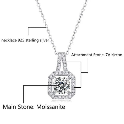 Real 1/2/3 Carat Moissanite Necklace 100% 925 Sterling Silver Lab  Diamond Pendant Classic Box Chain Necklace for Wedding Bridal