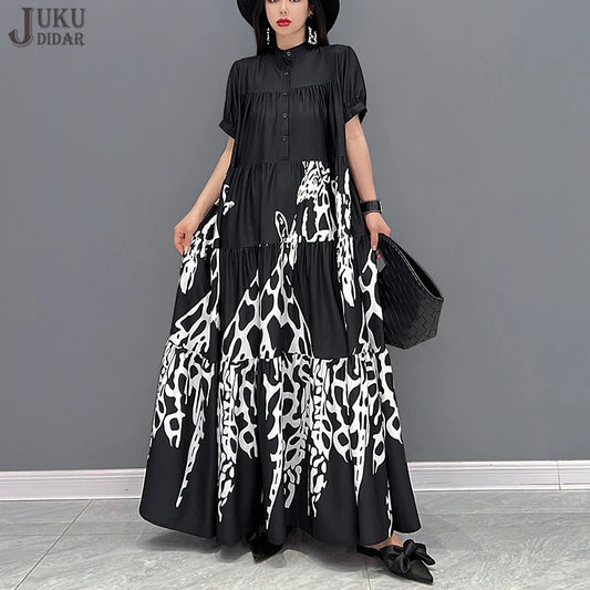 New Style Woman Summer Graffiti Printed Long Black Large Shirt Dress Big Size Loose Fit Tide Casual Robe Femme JJXD060