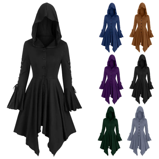 Ladies Medieval Gothic Hooded Cape Coat Irregular Hem Lotus Sleeves Punk Dress Renaissance Gown Party Cosplay Robe Winter Jacket
