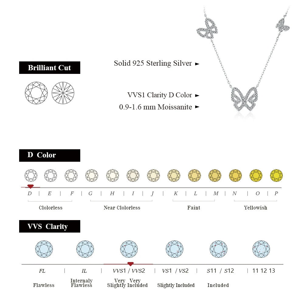 ATTAGEMS Butterfly Moissanite Necklace Chain Round Cut 1.6mm 925 Sterling Silver Elegant Christmas Fine Jewelry for Women