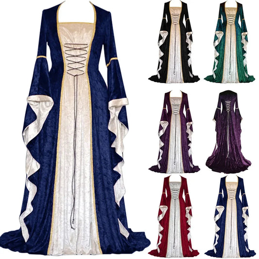 Lace Up Halloween Clothing Dress Women's Vintage Medieval Floor Length Renaissance Gothic Witch Vintage Dress Cosplay Dress