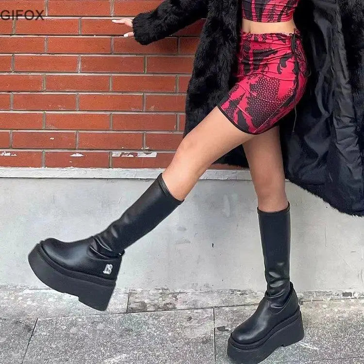 Gothic Platform High Boots Shoes For Women Combat Motorcycle Boots Black Punk Chunky Long Design Boots