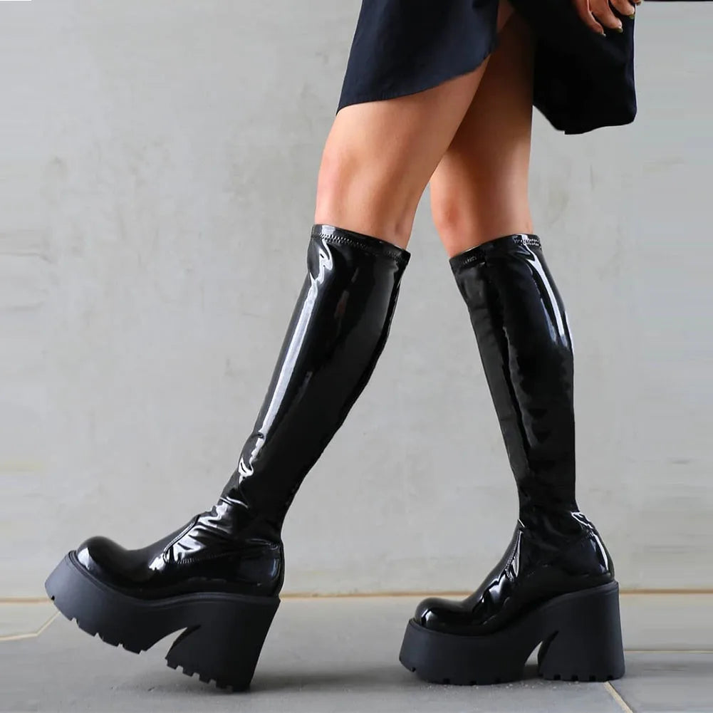 Gothic Platform High Boots Shoes For Women Combat Motorcycle Boots Black Punk Chunky Long Design Boots