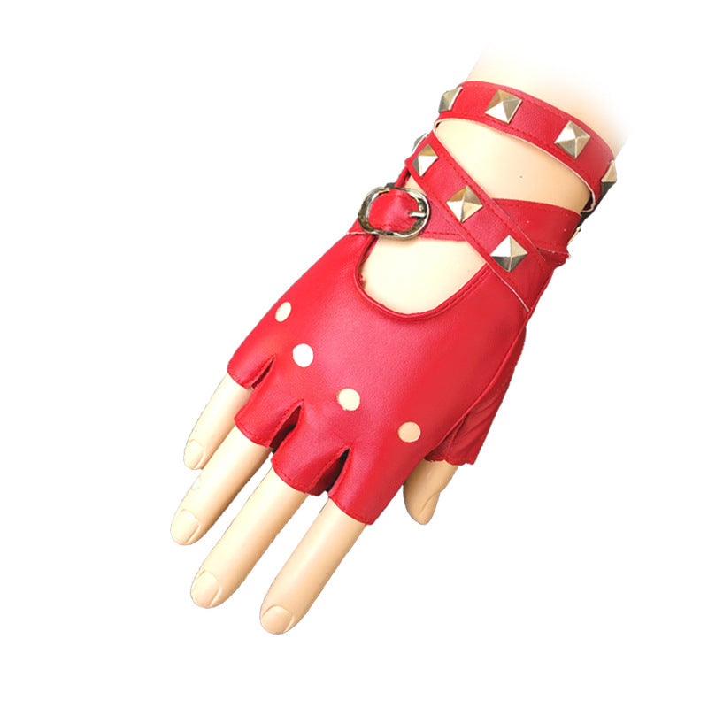 A pair of Maramalive™ Women Punk Rock Half Finger Gothic Gloves Cosplay Costume Rivets Studded Biker Driving Leather Fingerless Gloves Accessory.