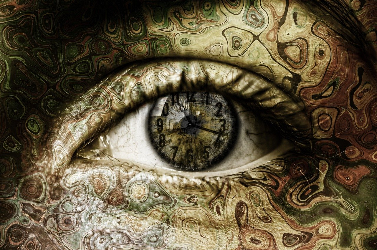 An image of a woman's eye with a clock on it.