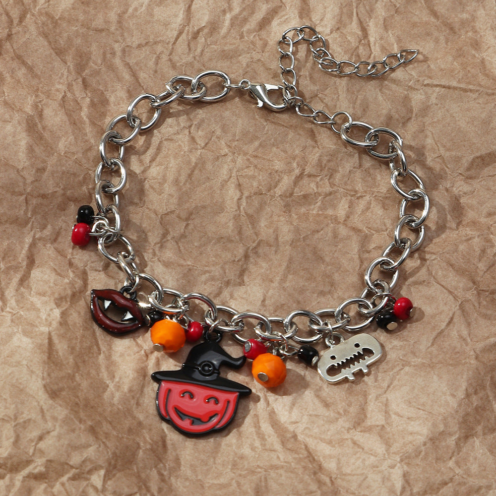 A woman is wearing a Maramalive™ Lips Pumpkin Halloween Necklace.