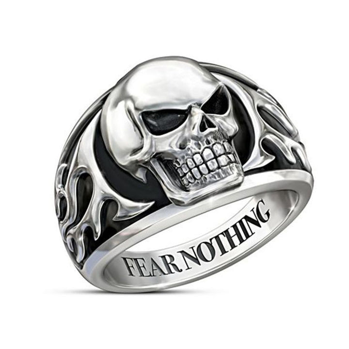 A Gothic Style Punk Rock Men's Ring with a skull and flames on it, by Maramalive™.