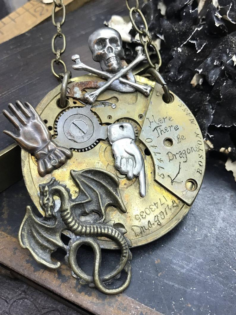 A Maramalive™ Skull Magic Sword Dragon Pendant Vintage Mechanical Necklace.