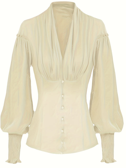 Ruched V Neck Tunic Blouse, Stylish Shirred Lantern Sleeve Victorian Blouse, Women's Clothing