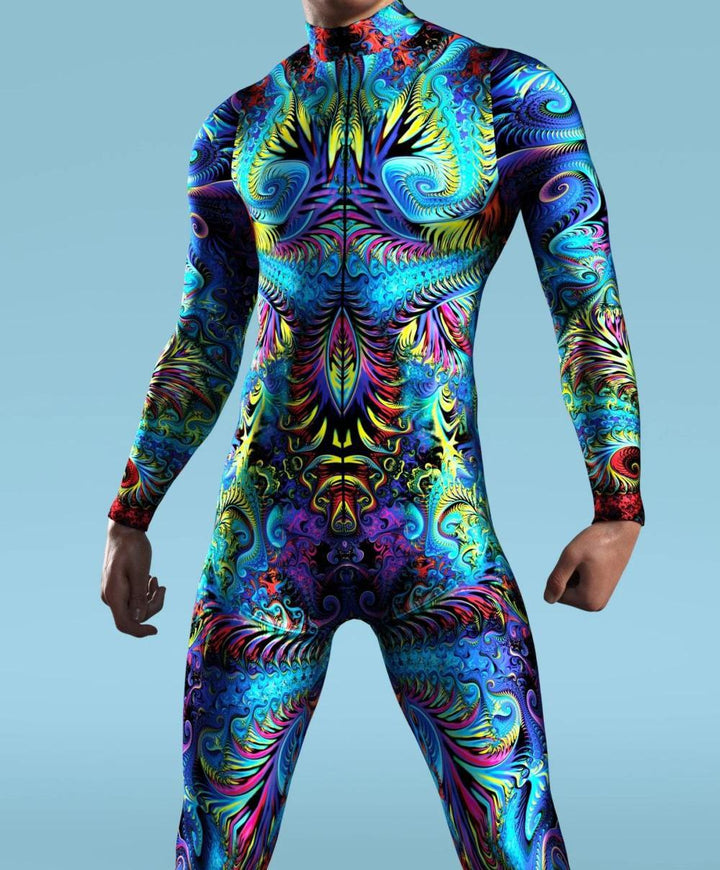 A person wearing a colorful, psychedelic-patterned Maramalive™ 3D Digital Printed Cosplay One-piece Costume made from a chemical fiber blend with a high collar is standing against a plain blue background.