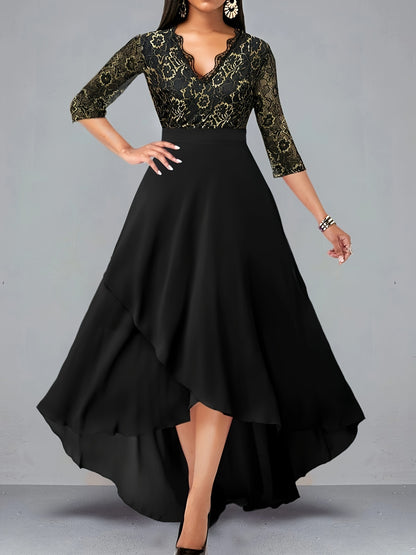 Plus Size Elegant Dress, Women's Plus Floral Print Three Quarter Sleeve Contrast Lace Trim V Neck Wrap Split Hem Maxi Dress