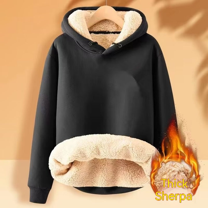 A Maramalive™ Men's Fleece Hoodie Winter Lined Padded Warm Keeping Loose Hooded Sweater displayed on a hanger. The inside is shown to be plush and warm. The text "Thick Sherpa" accompanied by an image of fire is placed on the bottom right.