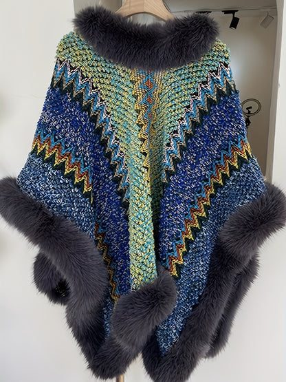 A Maramalive™ Plus Size Fuzzy Trim Cape Cardigan, Casual Open Front Shawl Outwear, Women's Plus Size Clothing with a geometric pattern featuring shades of blue, green, and yellow, elegantly edged with dark fur trim, hanging on a mannequin. Perfect for Fall/Winter.