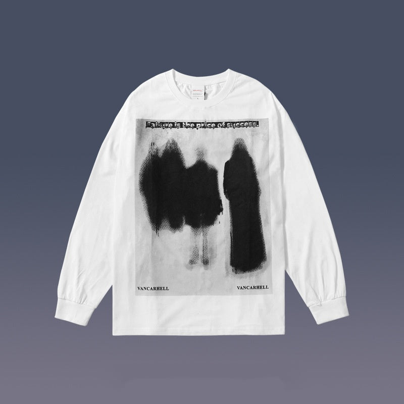 Men's Dark Abstract Printing Long-sleeved T-shirt by Maramalive™ with abstract black and gray artwork on the front and the text "VANCABRELLI" at the bottom, crafted from soft cotton fabric.