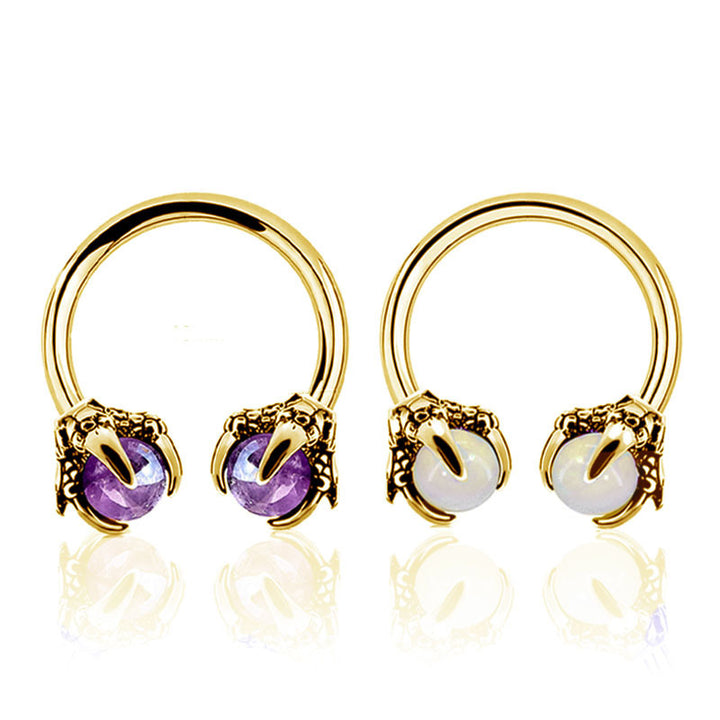 A pair of Dragon Claw Nose Ring Ornament Horseshoe Zircon Piercing Jewelry Ornament earrings with purple and blue crystals, stainless steel, by Maramalive™.
