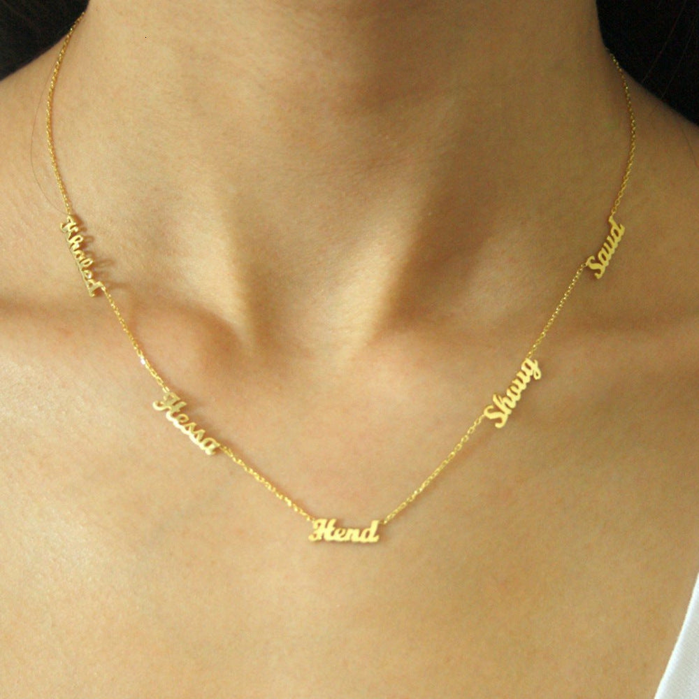 A woman wearing a Maramalive™ Custom Name Necklace Personalized You Choose What it says.